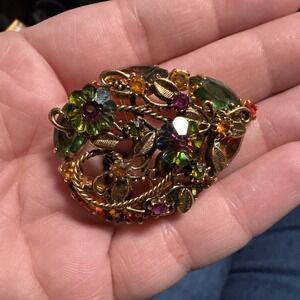 Vintage Juliana Gold Tone Watermelon Rivoli Multi-Color Brooch Large